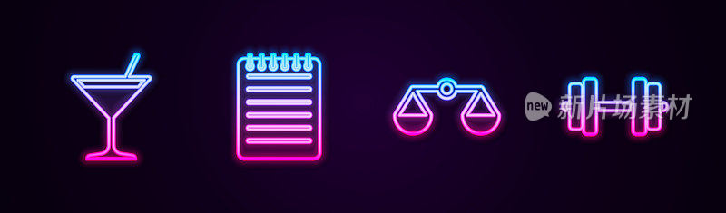 Set line Martini glass, Notebook, Scales of justice and Dumbbell. Glowing neon icon. Vector